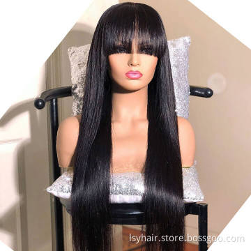 Raw Indian Hair Vendors Straight Lace Frontal Wigs With Bangs Cuticle Aligned Hair Pre plucked Glueless Wigs